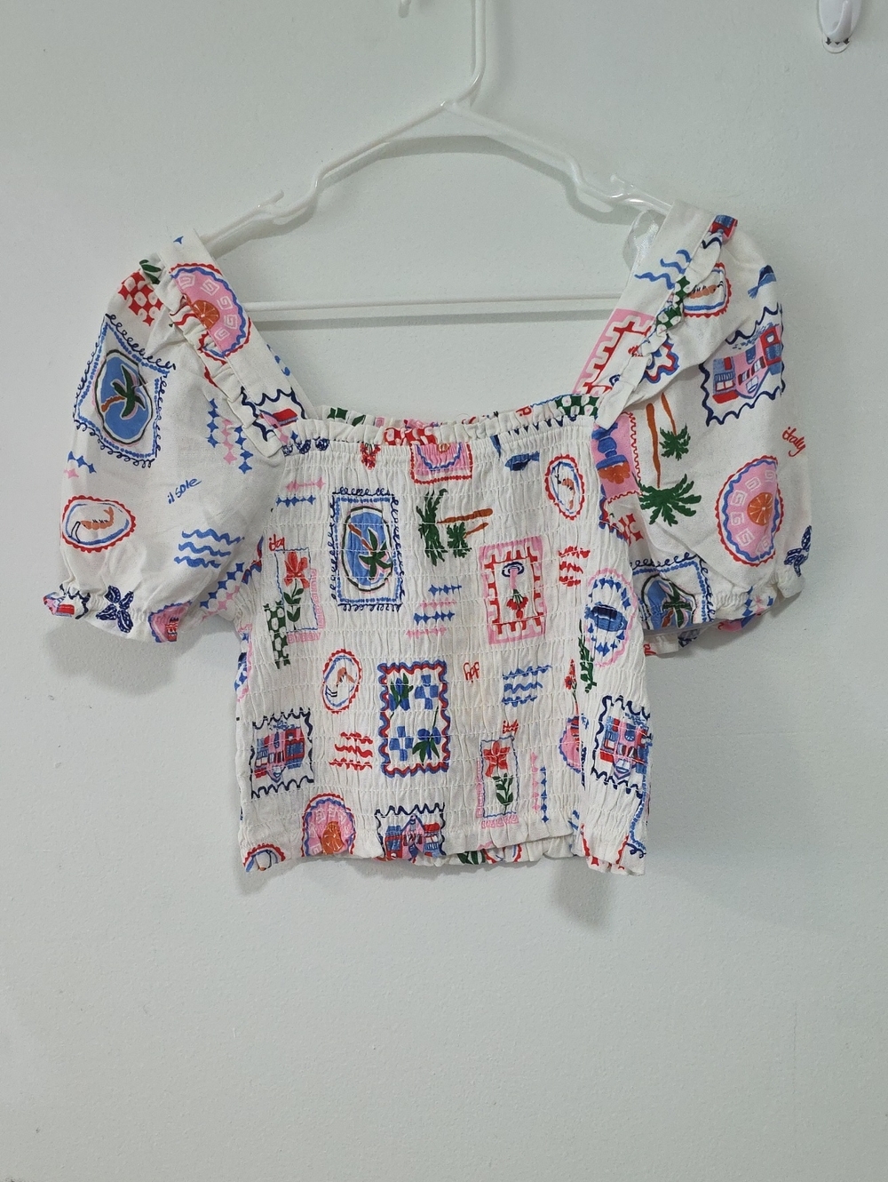 White Smocked Puff-Sleeve Floral Print Crop Top